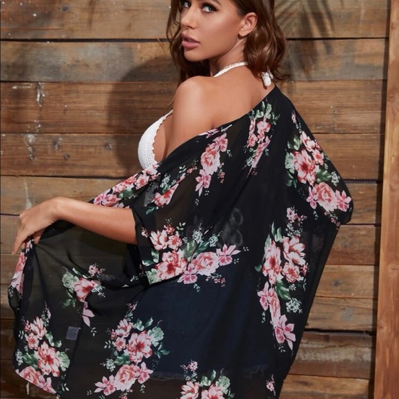 Shein Floral Print Chiffon Kimono Large 8/10 - Picture 8 of 9